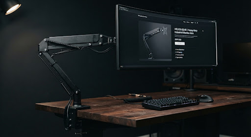 Industrial matte black steel monitor arm holding an ultrawide monitor over a dark desk